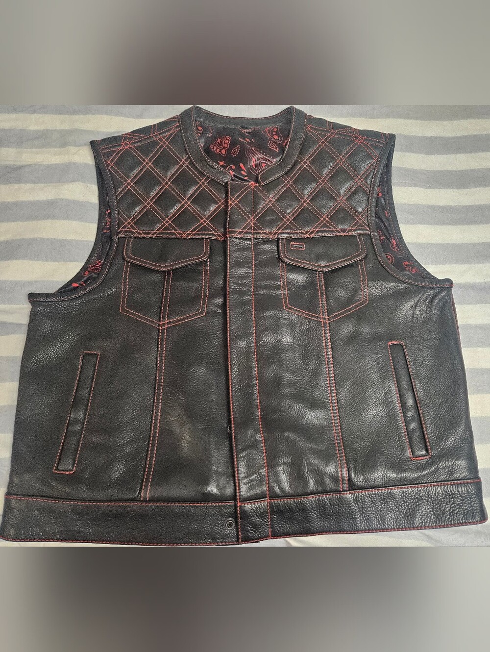 Men's First Mfg. Co. Motorcycle Leather Quilted Vest with Red Contrast Stitching